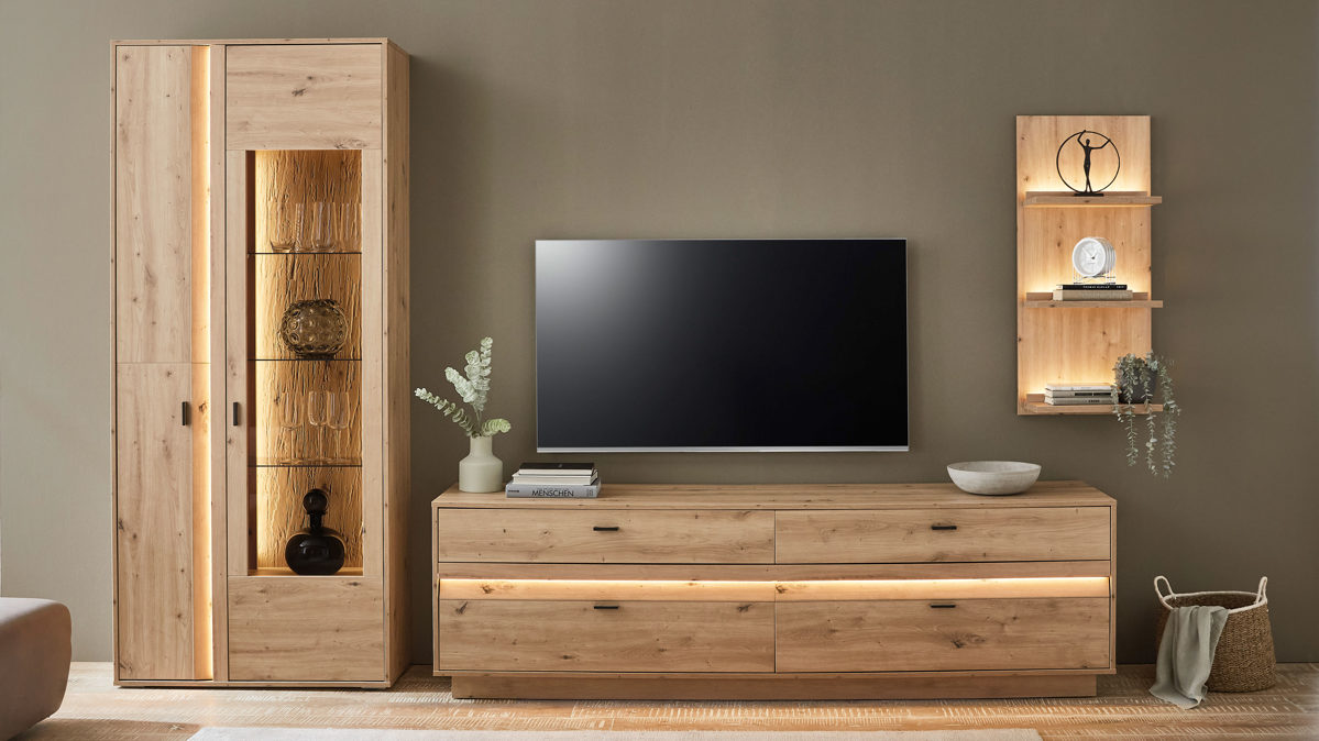 Wohnwand Ideal möbel aus Holz in Holzfarben Wohnmöbel Boca - Wohnwand Eiche Artisan - dreiteilig, Breite ca. 309 cm