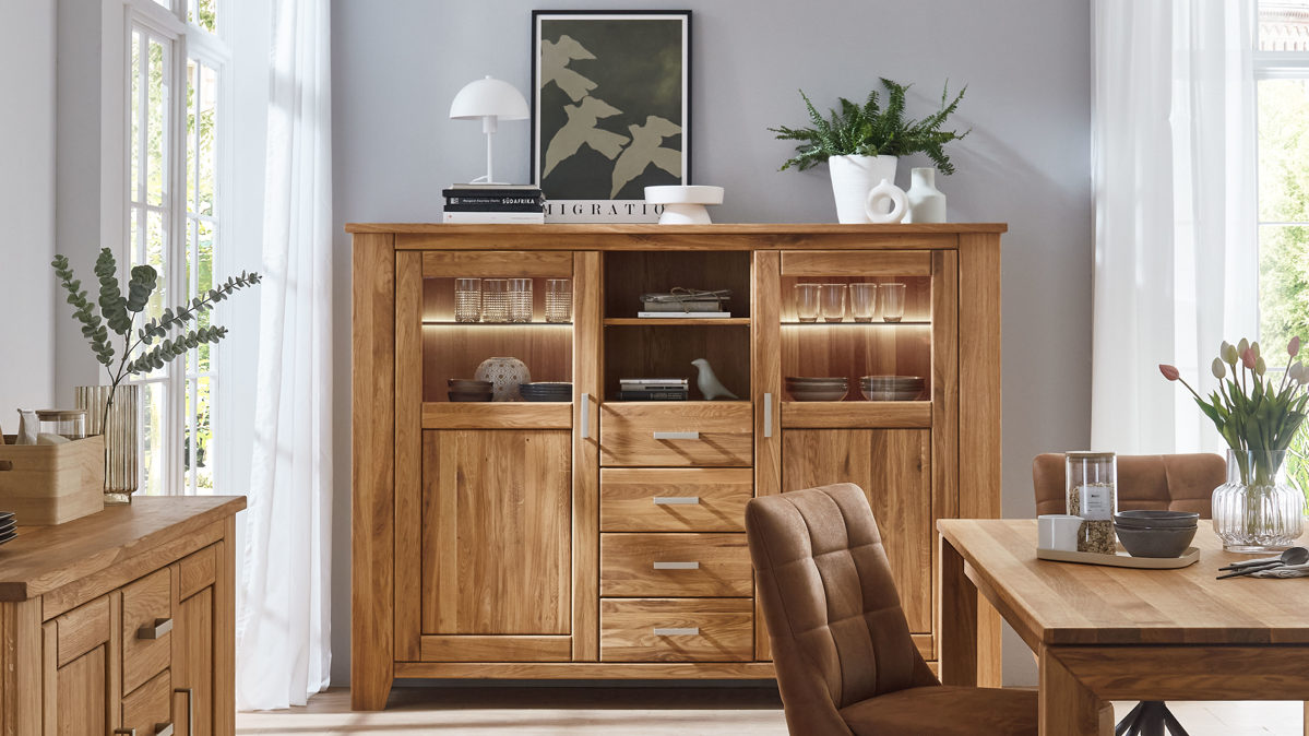 Highboard WOODS & TRENDS aus Holz in Holzfarben WOODS & TRENDS Programm Loft - Highboard Eiche natur - zwei Türen, vier Schubladen, Breite ca. 202 cm