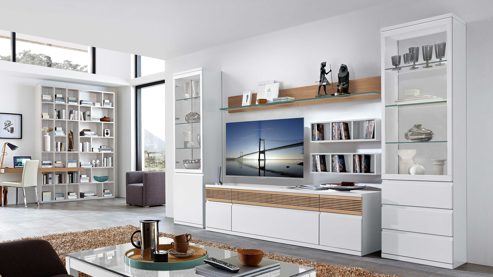 Wohnwand Rietberger möbelwerke | rmw aus Holz in Holzfarben Vision Wohnkombination mattweiße Lackoberflächen & Eiche – ca. 360 cm