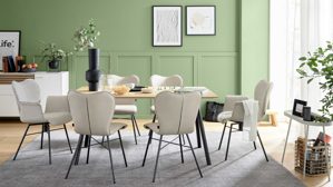 Tischgruppe Interliving aus Holz in Holzfarben Interliving Esszimmer Serie 5115 - Essgruppe mit heller Polsterung beiger Webstoff Shout 05, mandelfarbener Bezug Gaucho 02, anthrazitfarbenes Metall & astige Eiche