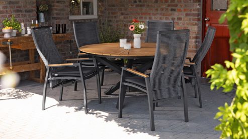 Gartenmöbel-Set Interliving aus Holz in Holzfarben Interliving Gartenmöbel Serie 7011 - Essgrupe mit Relaxstühlen anthrazitfarbenes Rope, TEXTILENE® & Aluminium, Teakholz