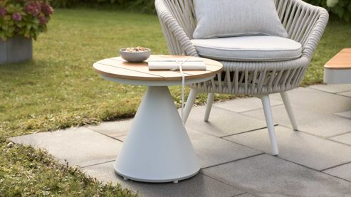 Gartentisch Interliving aus Metall in Beige Interliving Gartenmöbel Serie 7015 - Beistelltisch konischem Gestell Teakholz & taupefarbenes  Aluminium - Höhe ca. 43 cm