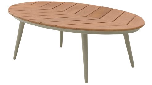 Gartentisch Interliving aus Metall in Holzfarben Interliving Gartenmöbel Serie 7015 - ovaler Couchtisch mit Holzplatte Teakholz & taupefarbenes  Aluminium - ca. 110 x 69 cm