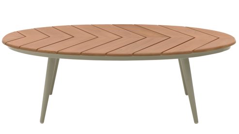 Gartentisch Interliving aus Metall in Holzfarben Interliving Gartenmöbel Serie 7015 - ovaler Couchtisch mit Holzplatte Teakholz & taupefarbenes  Aluminium - ca. 110 x 69 cm