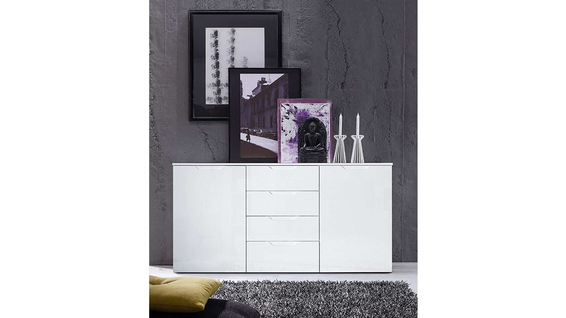 Sideboard Forte® aus MDF in Weiß Sideboard - Highboard als Schlafzimmermöbel weiße Hochglanzfronten & weiße Kunststoffoberflächen – zwei Türen, vier Schubladen