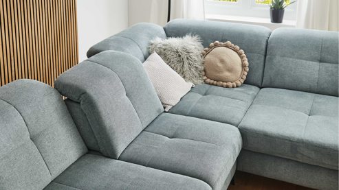 Ecksofa modulmaster aus Stoff in Blau Modulmaster Serie MM-MP1206 - Ecksofa stahlfarbenes Flachgewebe Cyber & schwarze Metallfüße – Stellfläche ca. 353 x 255 cm