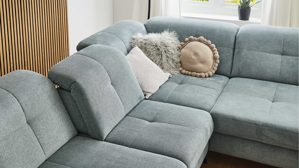 Ecksofa modulmaster aus Stoff in Blau Modulmaster Serie MM-MP1206 - Ecksofa stahlfarbenes Flachgewebe Cyber & schwarze Metallfüße – Stellfläche ca. 353 x 255 cm