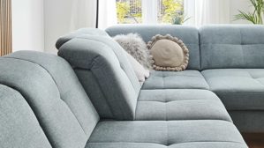 Ecksofa modulmaster aus Stoff in Blau Modulmaster Serie MM-MP1206 - Ecksofa stahlfarbenes Flachgewebe Cyber & schwarze Metallfüße – Stellfläche ca. 353 x 255 cm