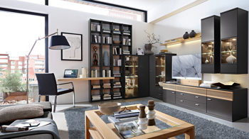 Wohnwand Rietberger möbelwerke | rmw aus Holz in Grau Vancouver Eck-Wohnkombination graphitfarbene Lackoberflächen & Kernbuche – Ecklösung, ca. 159 x 270 cm