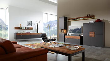 Wohnwand Rietberger möbelwerke | rmw aus Holz in Grau Vienna Wohnkombination graphitfarbene Lackoberflächen & geölte Eiche – Breite ca. 345 cm