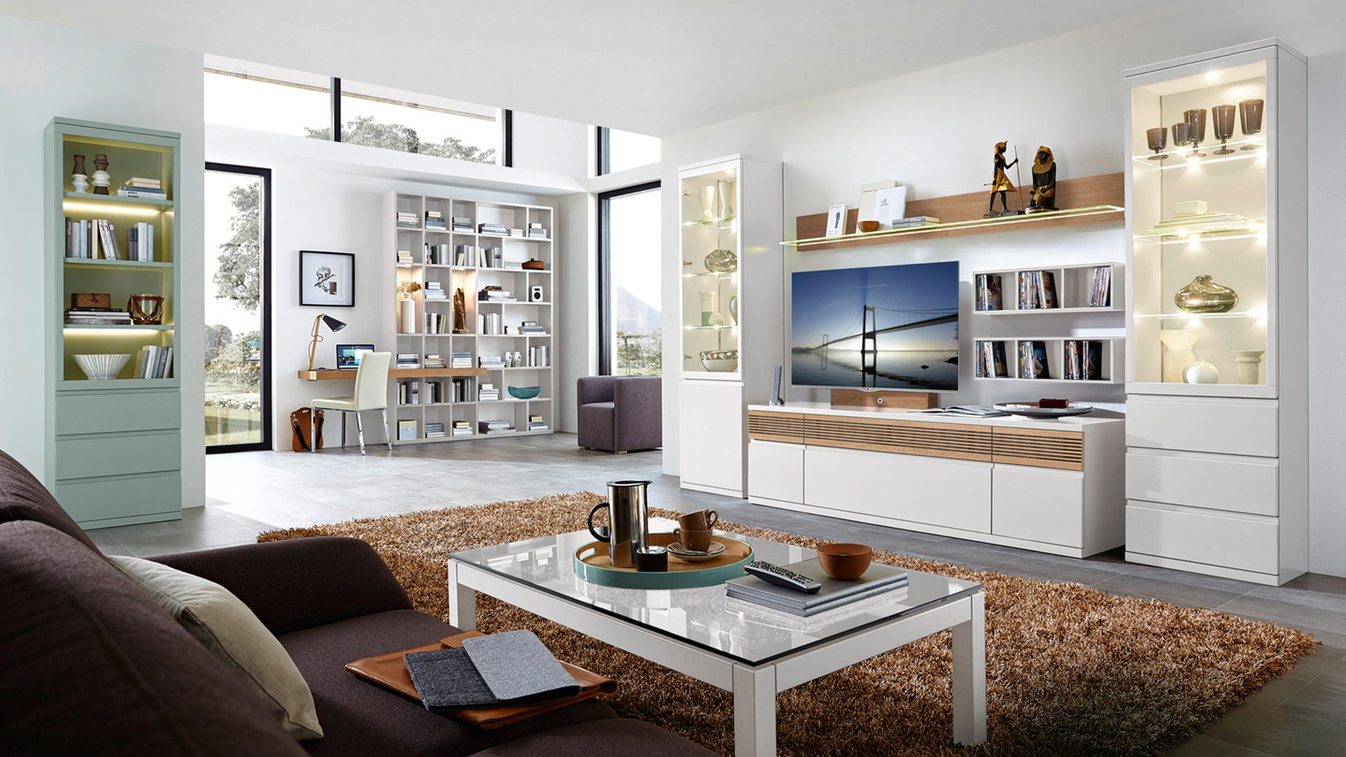 Wohnwand Rietberger möbelwerke | rmw aus Holz in Holzfarben Vision Wohnkombination mattweiße Lackoberflächen & Eiche – ca. 360 cm