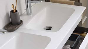 Waschtisch-Set / Waschbecken-Set Interliving aus Holz in Beige Interliving Bad Serie 3710 - Waschplatzlösung mit Doppelwaschbecken Macchiato & Weiß - Länge ca. 120 cm