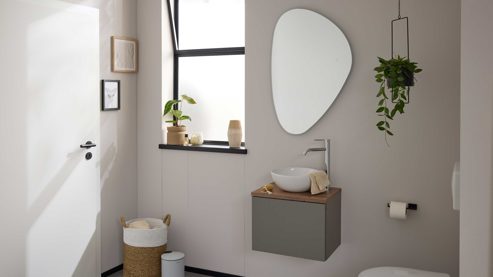 Badmöbel-Set Interliving aus Holz in Grau Interliving Bad Serie 3715 - Gästebadmöbel Taupegrau, Viking Oak & Weiß - eine Tür, Breite ca. 50 cm