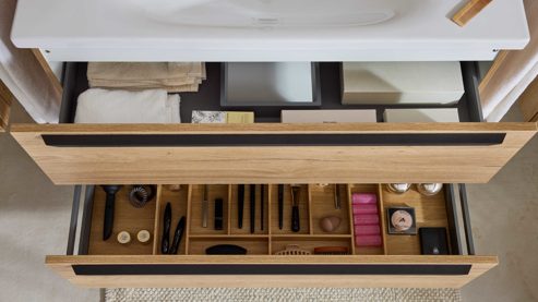 Waschtisch-Set / Waschbecken-Set Interliving aus Holz in Holzfarben Interliving Bad Serie 3730 - Waschplatzlösung mit Keramikbecken Eiche Sierra & Weiß - Länge ca. 100 cm