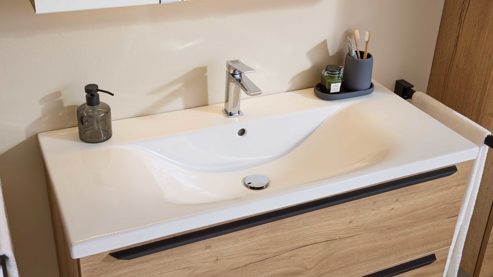 Waschtisch-Set / Waschbecken-Set Interliving aus Holz in Holzfarben Interliving Bad Serie 3730 - Waschplatzlösung mit Keramikbecken Eiche Sierra & Weiß - Länge ca. 100 cm