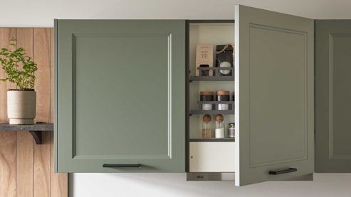 Einbauküche culineo® aus Holz in Grün Culineo® Einbauküche C684 mit Einbaugeräten Schilf, Eiche Sierra & Schwarz - zweizeilig