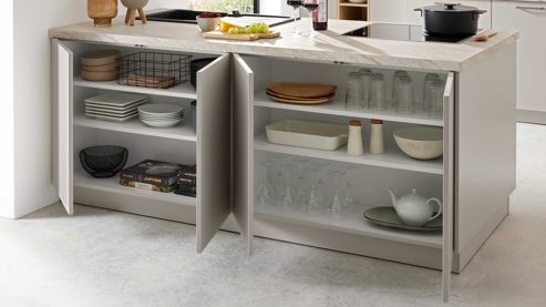 Einbauküche WERT KÜCHE® aus Holz in Hellgrau WERT KÜCHE® Matteo mit Einbaugeräten Sandgrau & Sandeiche - zweiteilig