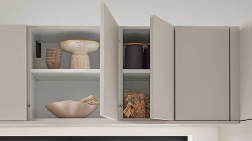 Einbauküche WERT KÜCHE® aus Holz in Hellgrau WERT KÜCHE® Matteo mit Einbaugeräten Sandgrau & Sandeiche - zweiteilig