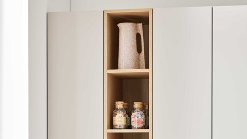 Einbauküche WERT KÜCHE® aus Holz in Hellgrau WERT KÜCHE® Matteo mit Einbaugeräten Sandgrau & Sandeiche - zweiteilig