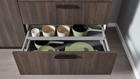 Einbauküche WERT KÜCHE® aus Holz in Holzfarben Dunkel WERT KÜCHE® Vanessa mit Einbaugeräten Eiche Siena & Olivegelb - Länge ca. 393 cm