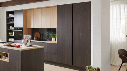 Einbauküche WERT KÜCHE® aus Holz in Holzfarben WERT KÜCHE® Vanessa mit gorenje Einbaugeräten Eiche Siena & Sandeiche - zweiteilig