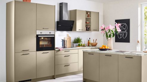 Einbauküche Express küchen aus Holz in Beige EXPRESS KÜCHEN Einbauküche Clean mit Einbaugeräten Cremegrau & heller Marmor - zweiteilig