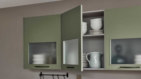 Einbauküche Nobilia® aus Holz in Grün nobilia® Einbauküche Frame mit JUNKER Geräten und  Ansetztisch olivgrüne Holzstruktur & Endgrain Oak - zweiteilig