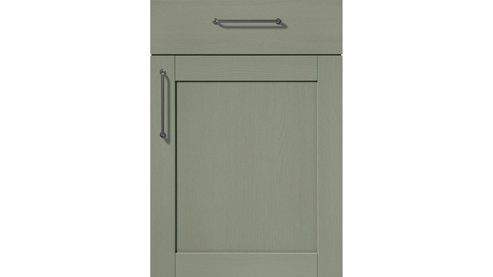 Einbauküche Nobilia® aus Holz in Grün nobilia® Einbauküche Frame mit JUNKER Geräten und  Ansetztisch olivgrüne Holzstruktur & Endgrain Oak - zweiteilig