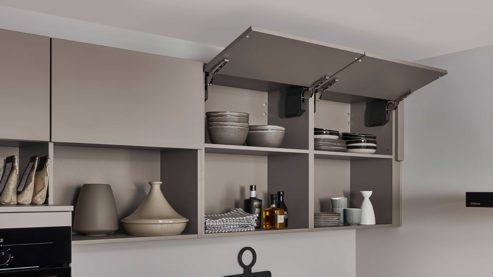 Einbauküche Nobilia® aus Holz in Beige nobilia® Einbauküche Laser mit Geräten und  Ansetztisch Macchiato & Eiche Honig - Stellfläche ca. 305 x 336 cm