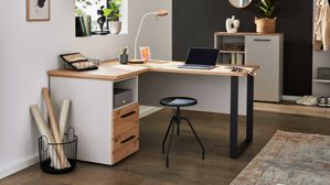 Eckschreibtisch Interliving aus Holz in Holzfarben Interliving Jugendzimmer Serie 1702 - Eckschreibtisch mit Container Sandgrau & Artisan Eiche - Stellfläche ca. 125 x 150 cm