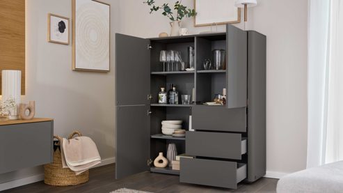 Highboard Interliving aus Holz in Dunkelgrau Interliving Wohnzimmer Serie 2035 - Highboard dunkelgrauer Mattlack - drei Schubladen, drei Türen