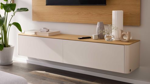 Lowboard Interliving aus Holz in Holzfarben Interliving Wohnzimmer Serie 2035 - Lowboard beiger Mattlack & Eiche - eine Klapptür, eine Schublade, Länge ca. 200 cm