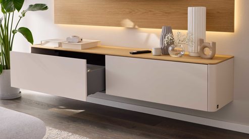 Lowboard Interliving aus Holz in Holzfarben Interliving Wohnzimmer Serie 2035 - Lowboard beiger Mattlack & Eiche - eine Klapptür, eine Schublade, Länge ca. 200 cm