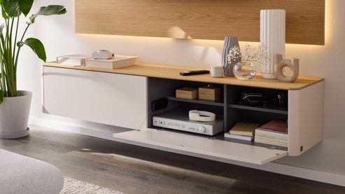 Lowboard Interliving aus Holz in Holzfarben Interliving Wohnzimmer Serie 2035 - Lowboard beiger Mattlack & Eiche - eine Klapptür, eine Schublade, Länge ca. 200 cm