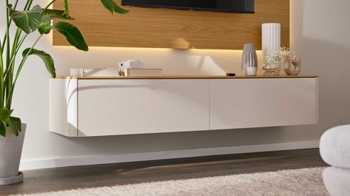 Lowboard Interliving aus Holz in Holzfarben Interliving Wohnzimmer Serie 2035 - Lowboard beiger Mattlack & Eiche - eine Klapptür, eine Schublade, Länge ca. 200 cm