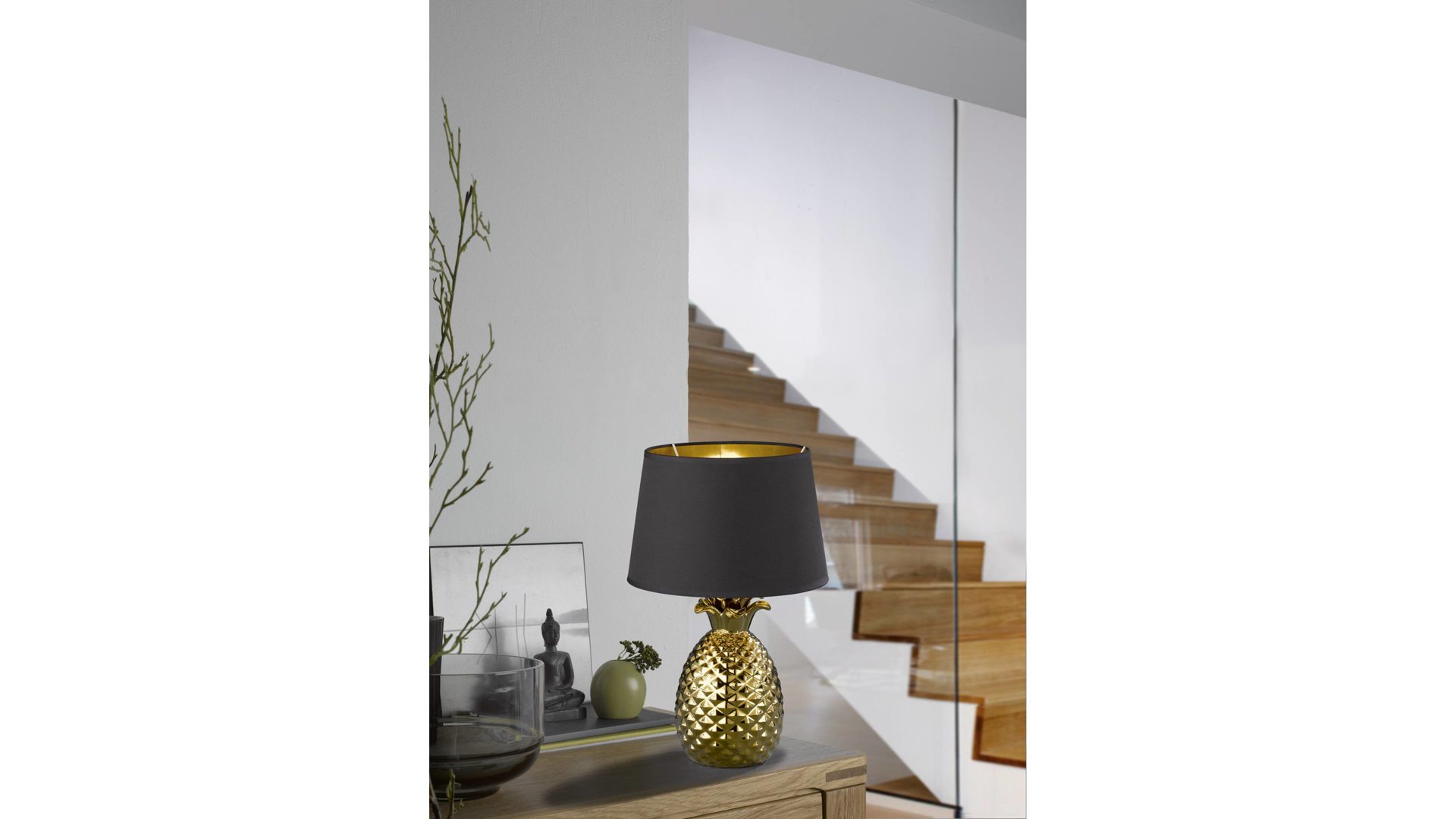 Tischleuchte Reality leuchten aus Stoff in Metallfarben RL Tischleuchte Pineapple goldfarbene Keramik & schwarzer Stoff – Höhe ca. 43 cm