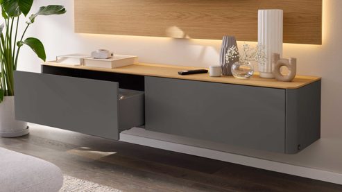 Lowboard Interliving aus Holz in Holzfarben Hell Interliving Wohnzimmer Serie 2035 - Lowboard dunkelgrauer Mattlack & Eiche - eine Klapptür, eine Schublade, Länge ca. 200 cm