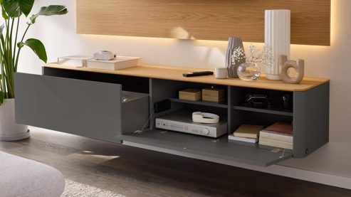 Lowboard Interliving aus Holz in Holzfarben Hell Interliving Wohnzimmer Serie 2035 - Lowboard dunkelgrauer Mattlack & Eiche - eine Klapptür, eine Schublade, Länge ca. 200 cm