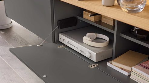 Lowboard Interliving aus Holz in Holzfarben Hell Interliving Wohnzimmer Serie 2035 - Lowboard dunkelgrauer Mattlack & Eiche - eine Klapptür, eine Schublade, Länge ca. 200 cm