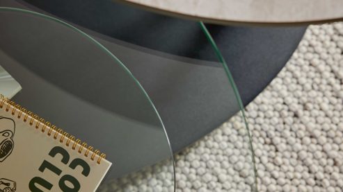 Couchtisch Interliving aus Keramik in Beige Interliving Couchtisch Serie 6230 travertinfarbene Keramik & Klarglas - 95 - 150 x 60 cm