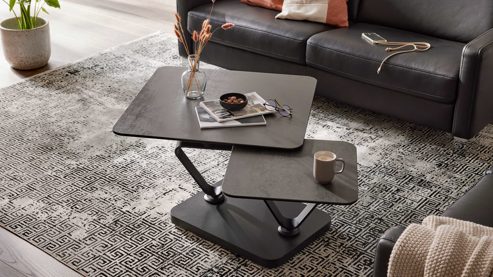 Couchtisch Interliving aus Keramik in Dunkelgrau Interliving Couchtisch Serie 6232 titanfarbene Keramik & schwarzer Stahl - 80-137 x 80 cm