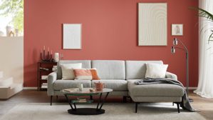 Ecksofa Interliving aus Leder Stoff in Hellgrau Interliving Sofa Serie 4066 – Ecksofa granitfarbener Webstoff Lian & schwarze Metallfüße – Stellfläche ca. 267 x 169 cm