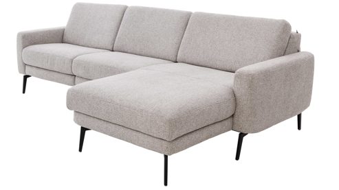 Ecksofa Interliving aus Leder Stoff in Hellgrau Interliving Sofa Serie 4066 – Ecksofa granitfarbener Webstoff Lian & schwarze Metallfüße – Stellfläche ca. 267 x 169 cm