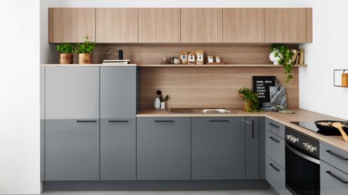 Einbauküche Nolte® küchen aus Holz in Grau nolte® Einbauküche Lux mit privileg-Einbaugeräten Quarzgrau & Natureiche – Stellfläche ca. 312 x 217 cm