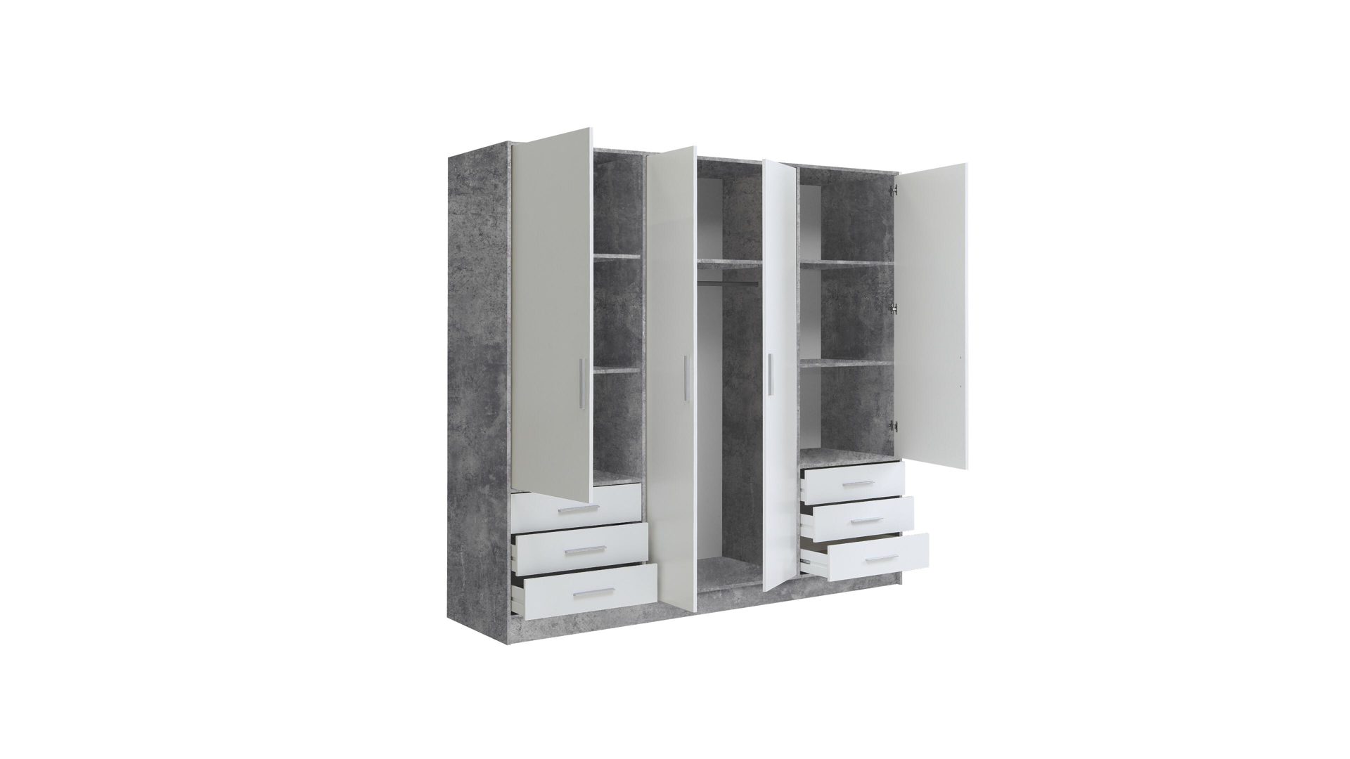 Kleiderschrank Forte® aus Holz in Grau Kleiderschrank Jupiter Beton Lichtgrau & Weiß – Breite ca. 207 cm, vier Türen, sechs Schubladen