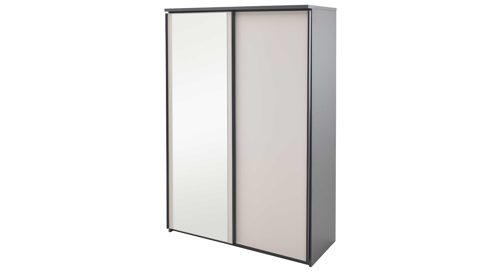 Kleiderschrank Interliving aus Holz in Grau Interliving Jugendzimmer Serie 1701 - Schwebetürenschrank Dunkelgrau & Sandgrau, schwarze Metallgriffe 800 - zwei Türen, Breite ca. 144 cm