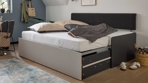 Funktionsbett Interliving aus Holz in Grau Interliving Jugendzimmer Serie 1701 - Funktionsbettgestell Dunkelgrau & Sandgrau - Liegefläche ca. 90 - 170 x 190 - 200 cm