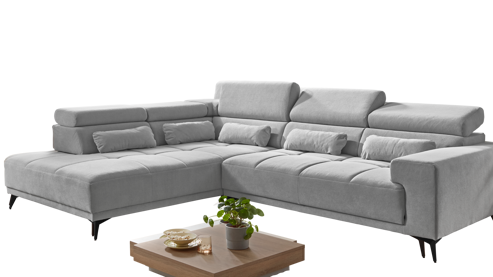 Ecksofa A. z. iwaniccy aus Stoff in Hellgrau Polsterprogramm Wave 2.0 - Funktions-Ecksofa hellgrauer Chenillebezug Cristal 84 - Stellfläche ca. 229 x 314 cm