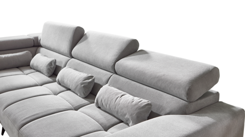 Ecksofa A. z. iwaniccy aus Stoff in Hellgrau Polsterprogramm Wave 2.0 - Funktions-Ecksofa hellgrauer Chenillebezug Cristal 84 - Stellfläche ca. 229 x 314 cm