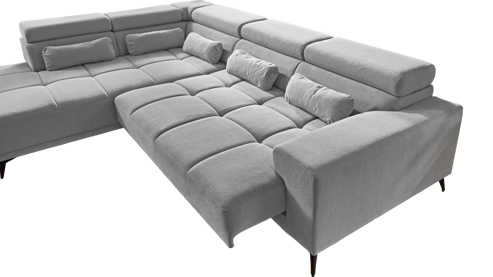 Ecksofa A. z. iwaniccy aus Stoff in Hellgrau Polsterprogramm Wave 2.0 - Funktions-Ecksofa hellgrauer Chenillebezug Cristal 84 - Stellfläche ca. 229 x 314 cm